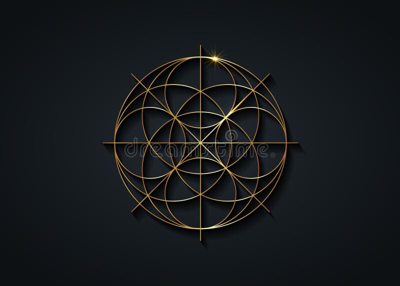 Sprid geometri guldsymbol, frö av livstecken. Geometrisk mystisk lyxmanala av alkemi, esoterisk blomma av liv. guldbeläggning royaltyfri illustrationer