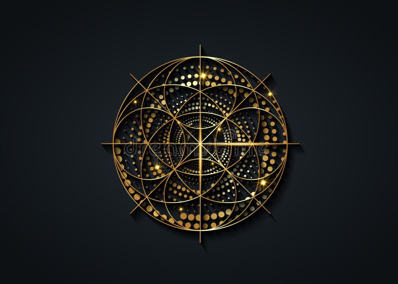 Sprid geometri guldsymbol, frö av livstecken. Geometrisk mystisk lyxmanala av alkemi, esoterisk blomma av liv. guldprickad vektor illustrationer