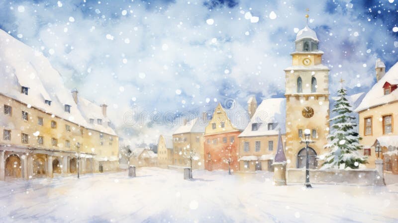 Spridning av vattenfärgssnowfall över en tyst jultomtstadskorg genererade vektor illustrationer