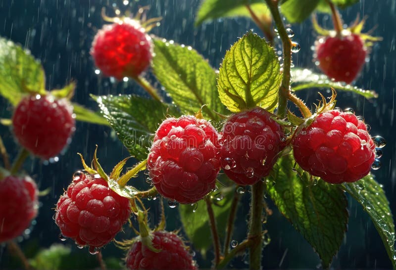 Sprig with ripe raspberries during watering. Generative AI royalty free illustration