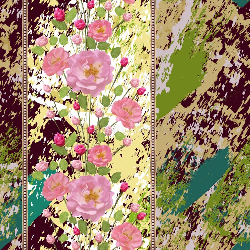 Sprigs of pink roses with leaves and gold strips with diamonds on textured background royalty free illustration Sprigs of pink roses with leaves and gold strips with diamonds on textured background royalty free illustration