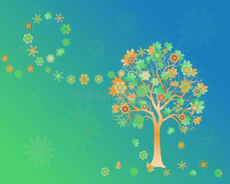 Spring background with colorful tree with abstract flowers and leaves on wind stock illustration Spring background with colorful tree with abstract flowers and leaves on wind stock illustration