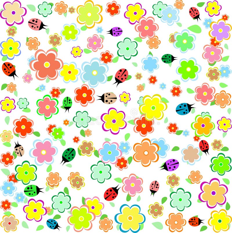 Spring background with small flowers and ladybugs