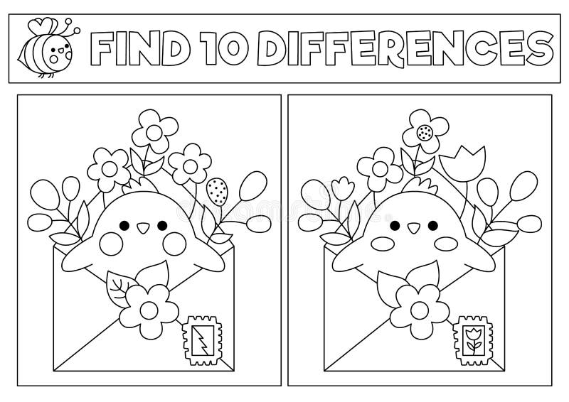 Spring black and white kawaii find differences game. Coloring page with cute chick in envelope with flowers. Garden puzzle for