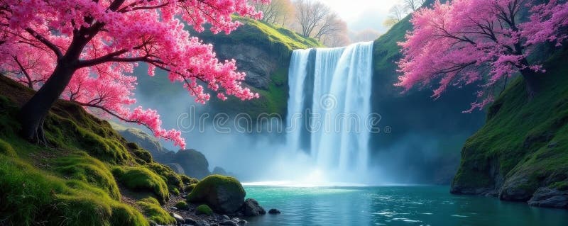 Spring blossoms frame a powerful waterfall s descent , blossoms, impressive royalty free illustration