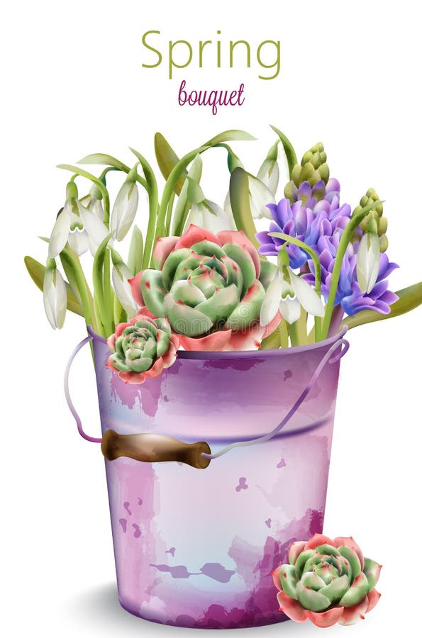 Spring bouquet of flowers in bloom. Bluebell, lavender, peony. Old purple painted bucket. Vector