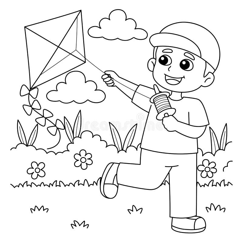 Spring Boy Flying a Kite Coloring Page for Kids Stock Vector ...