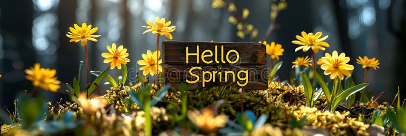 Spring card with a landscape for the holiday of the vernal equinox with the text spring, showing awakened nature. Banner stock photography