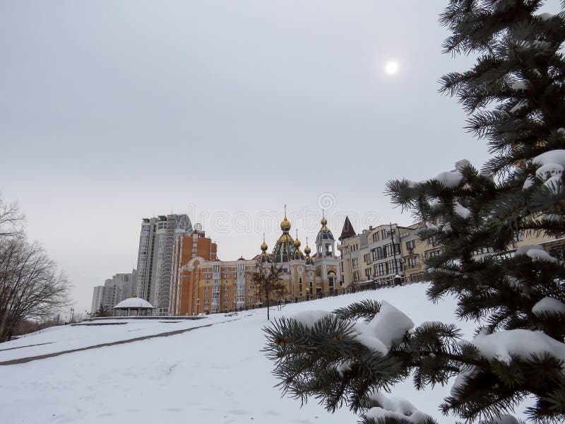 Spring city in the snow stock images