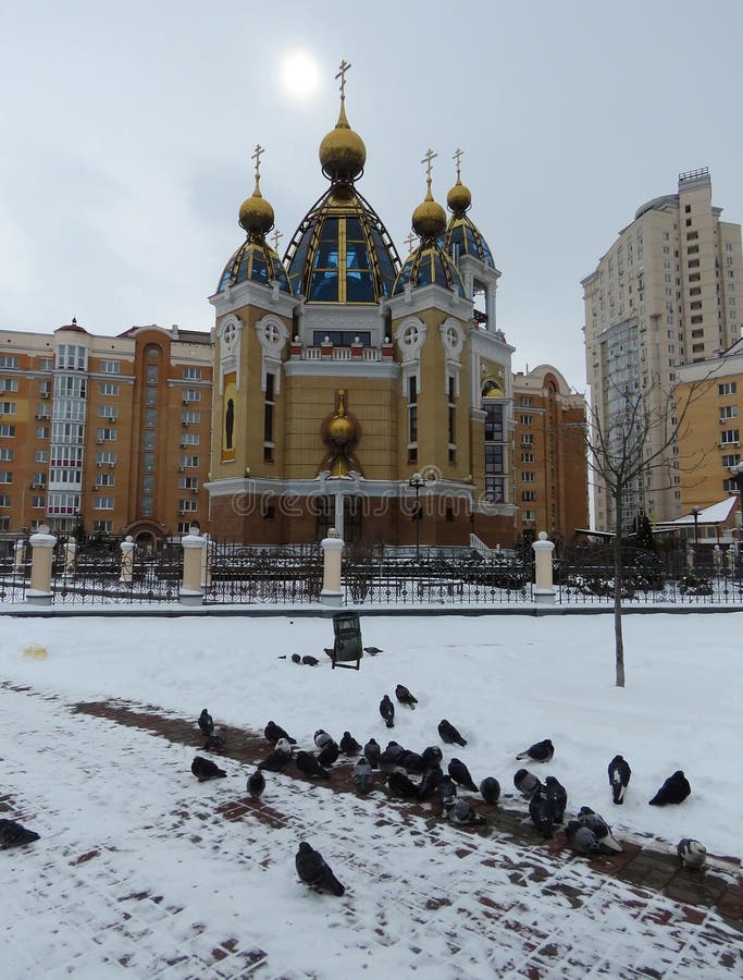 Spring city in the snow stock photo