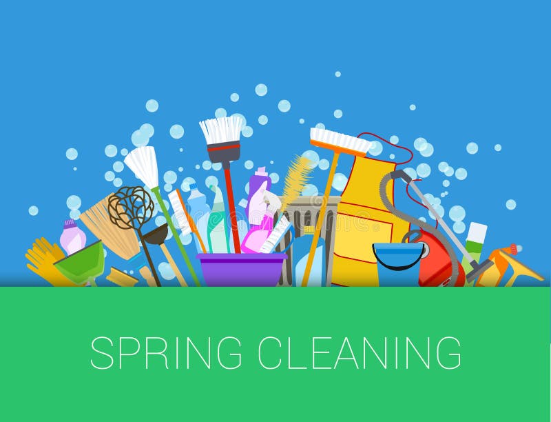 Spring cleaning background. Set of cleaning supplies