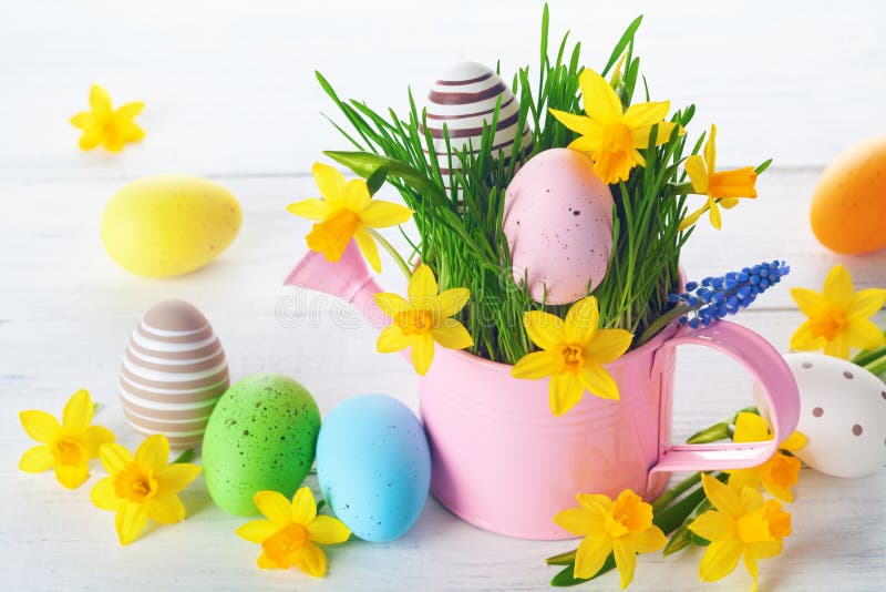 Easter Composition With Eggs, Spring Flowers, Feathers And Colorful ...