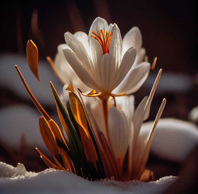 Spring Crocuses Flowers Under Snow Made with Generative AI Stock Photo