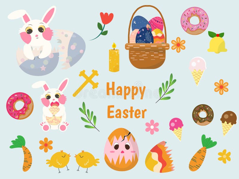 Spring Easter element Collection with cute birds eggs carrots cartoon vector illustration