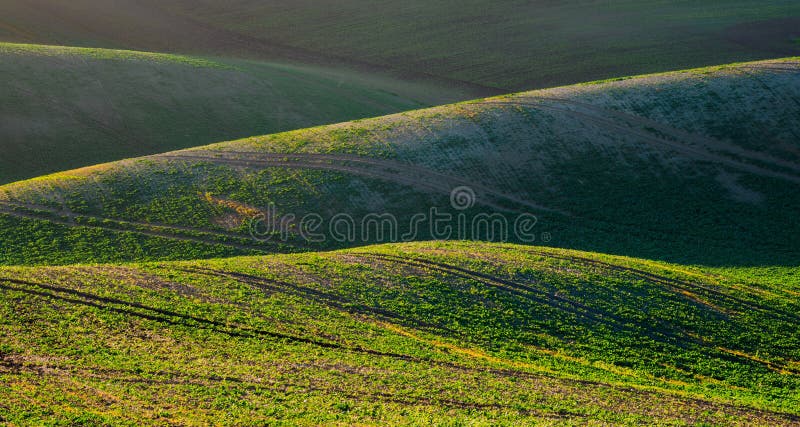 Spring farmland in the hills. stock image