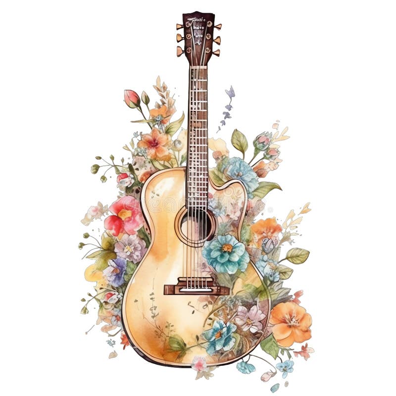 Spring floral guitar watercolor illustration, spring clipart