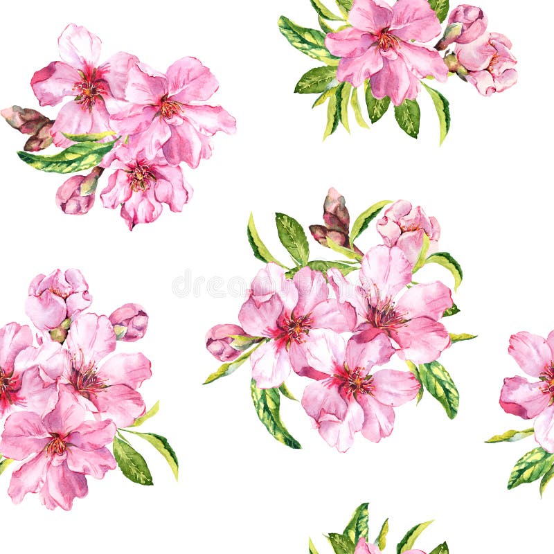 Spring flowers blossom sakura, cherry or apple tree. Floral seamless pattern. Water color