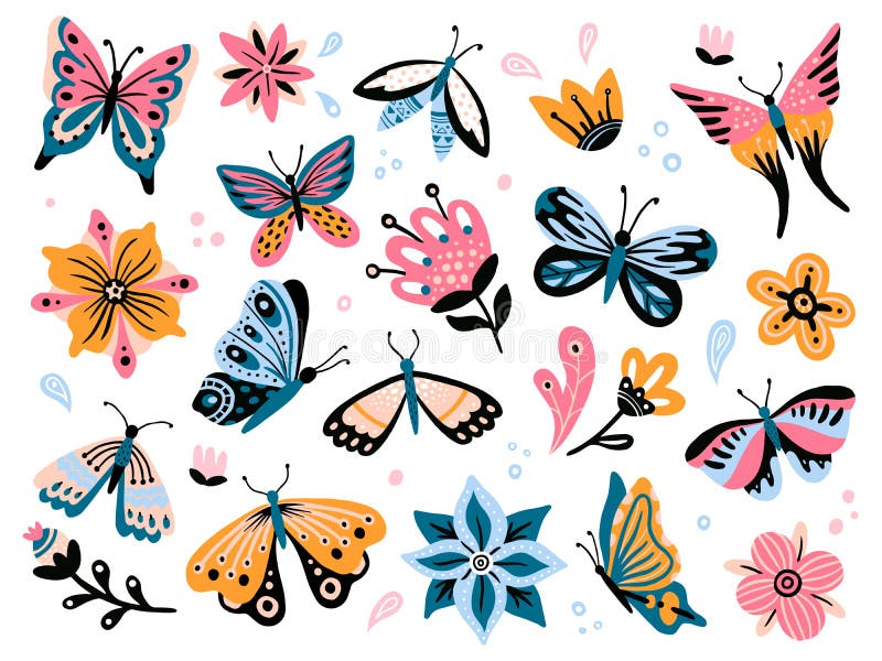 Spring flowers and butterflies. Colorful garden flower, floral decor and elegant butterfy isolated vector set royalty free illustration Spring flowers and butterflies. Colorful garden flower, floral decor and elegant butterfy isolated vector set royalty free illustration