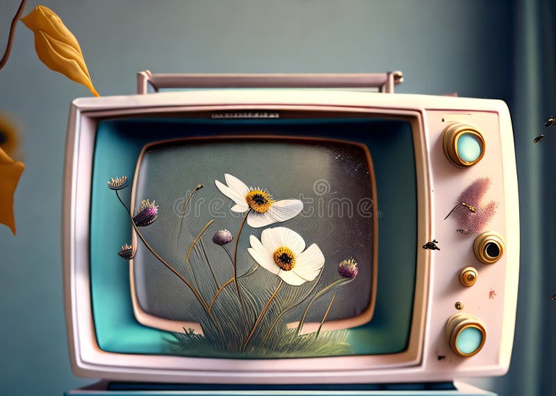 Spring Flowers Chamomile on a Vintage Tv Stock Illustration