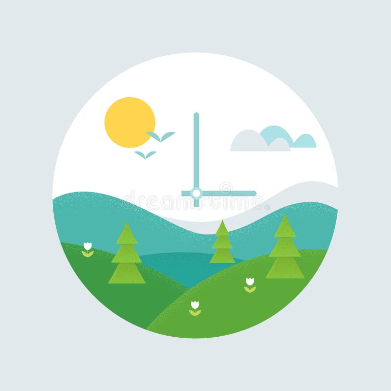 Spring Forward Clock Face. Daylight Saving Time Shift and Spring Landscape Vector Illustration