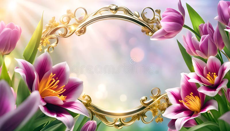 Spring frame of spring flowers on an elegant background with bokeh, spring frame for design and congratulations, Decoration for wallpaper, desktop, poster, booklet cover. Printing on clothes, T-shirts. Creative illustration for design