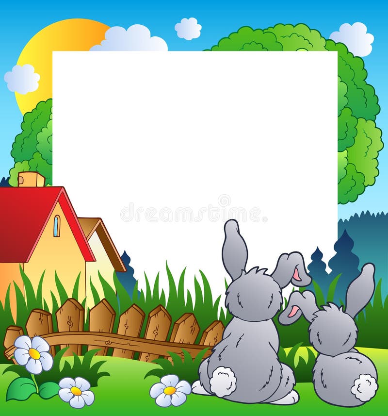 Spring frame with two rabbits stock illustration