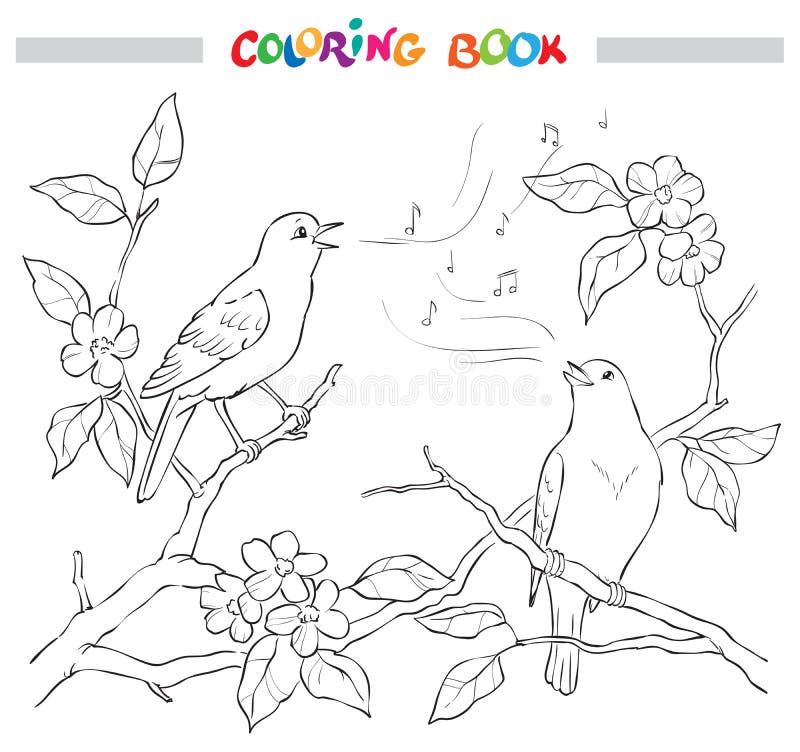 Spring garden composition. A bird sings on a bloom branch. Ornate decorative black and white illustration. coloring book page