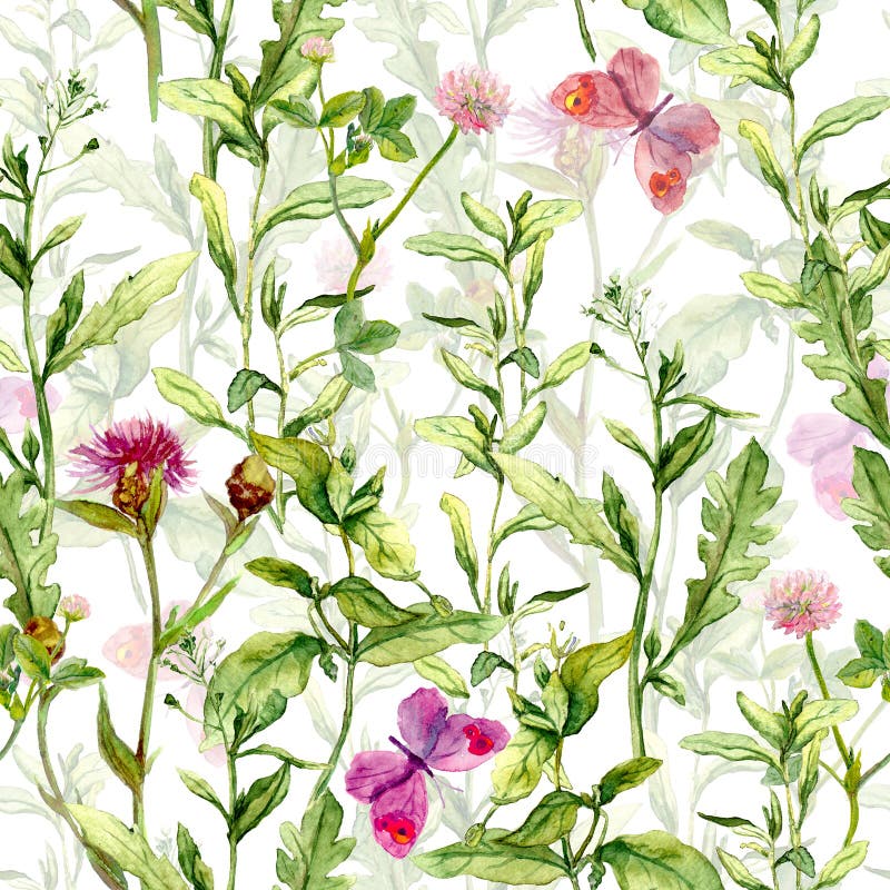 Spring meadow: grass, herb and flowers with butterflies. Watercolor repeating pattern. Spring meadow: grass, herb and flowers with butterflies. Watercolor repeating pattern