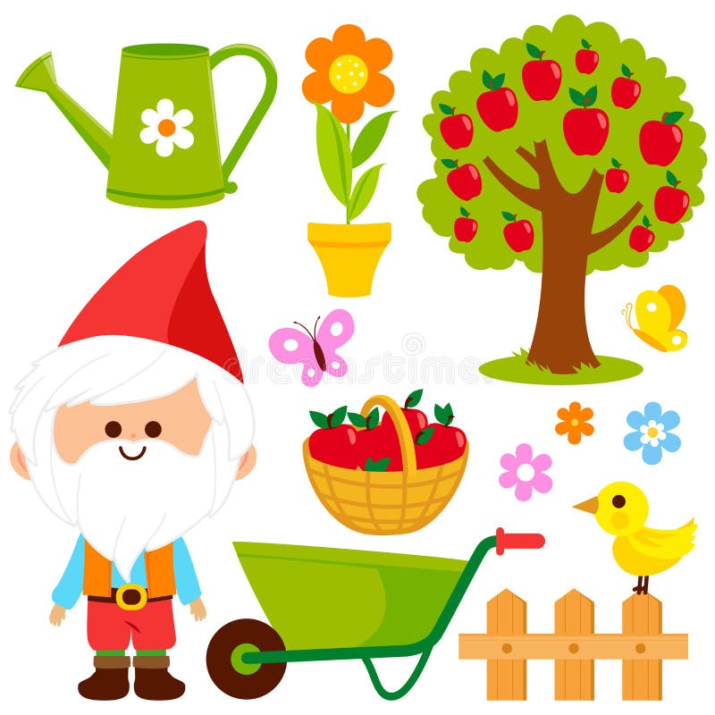 Spring gardening illustration collection with garden gnome. 