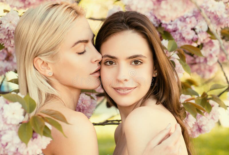 Spring Girls Face Beautiful Sensual Woman In Pink Flowers In Summer Blossom Park Lesbian