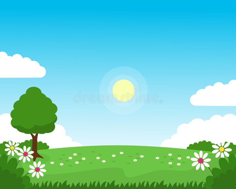 Spring hill landscape vector illustration with grass and flowers stock illustration