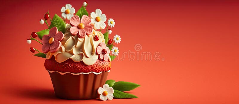 Spring Holiday cupcakes with flowers and sprinkles on a red background. Generative AI. A place for your text.