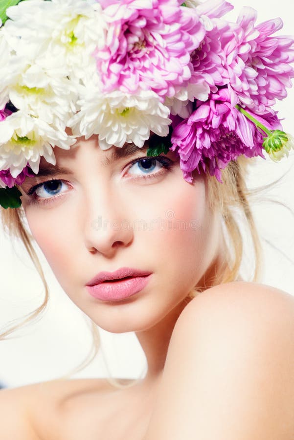 Spring lady in wreath stock image. Image of face, cosmetics - 116660609