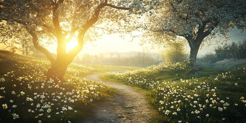 Spring landscape with blooming apple tree in bright green orchard royalty free illustration