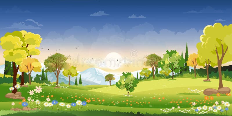 Spring landscape in countryside with green meadow on hills with blue sky, Vector Summer or Spring landscape, Panoramic village