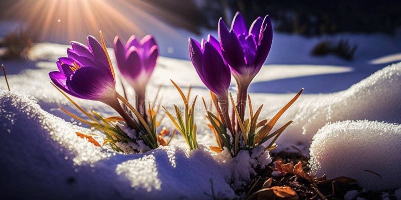 Spring landscape with first flowers purple crocuses on the snow in nature in the rays of sunlight royalty free illustration