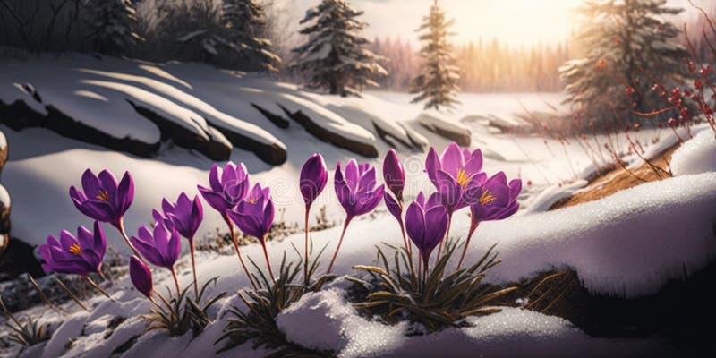 Spring landscape with first flowers purple crocuses on the snow in nature in the rays of sunlight vector illustration