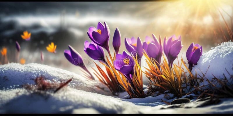 Spring landscape with first flowers purple crocuses on the snow in nature in the rays of sunlight royalty free illustration