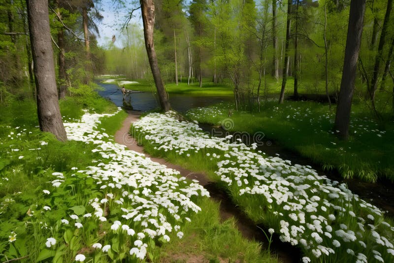 Jarná krajina v lese s bielymi kvetmi. AI generovaná neurónovou sieťou