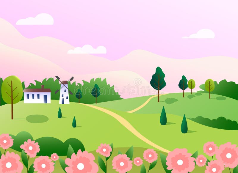 Spring Landscape in the Morning. Flower Fields, a House and a Mill