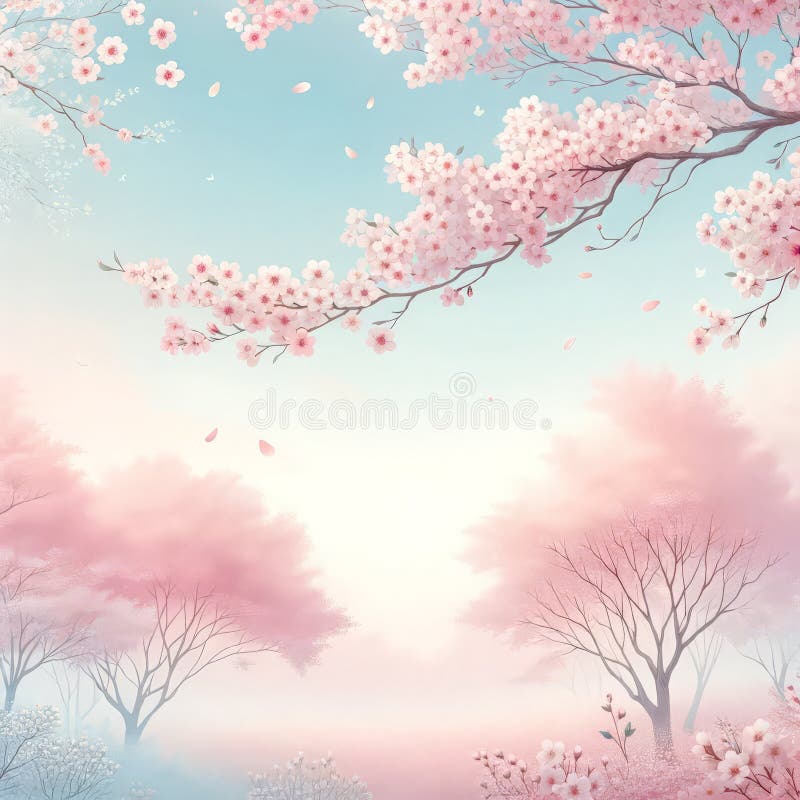 Spring Landscape in Pastel Colors with Cherry Blossoms and Gentle ...