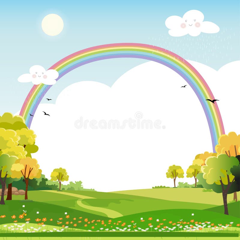 Spring landscape with rainbow,blue sky and clouds with raining,green fields with copy space,fresh and peaceful rural nature in stock illustration