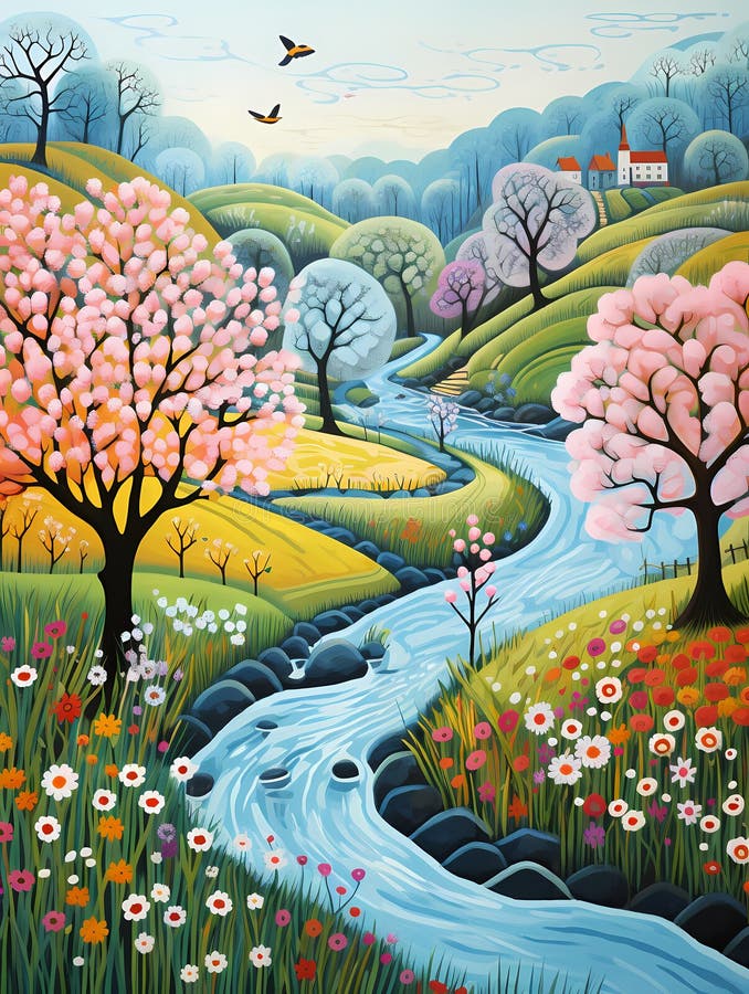 Spring Landscape, A River Running Through A Landscape vector illustration