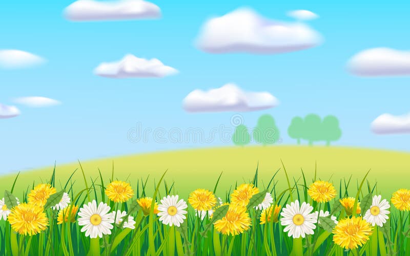 Spring landscape rural countryside, blooming daisies dandelions. Panorama springtime green fields, blue sky. Vector background illustration isolated cartoon style. Spring landscape rural countryside, blooming daisies dandelions. Panorama springtime green fields, blue sky. Vector background illustration isolated cartoon style