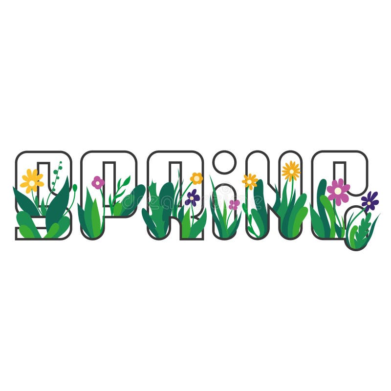 Spring lettering with flowers and green grass. Hello spring concept. Spring stroke text with blooming flowers and growing grass royalty free illustration