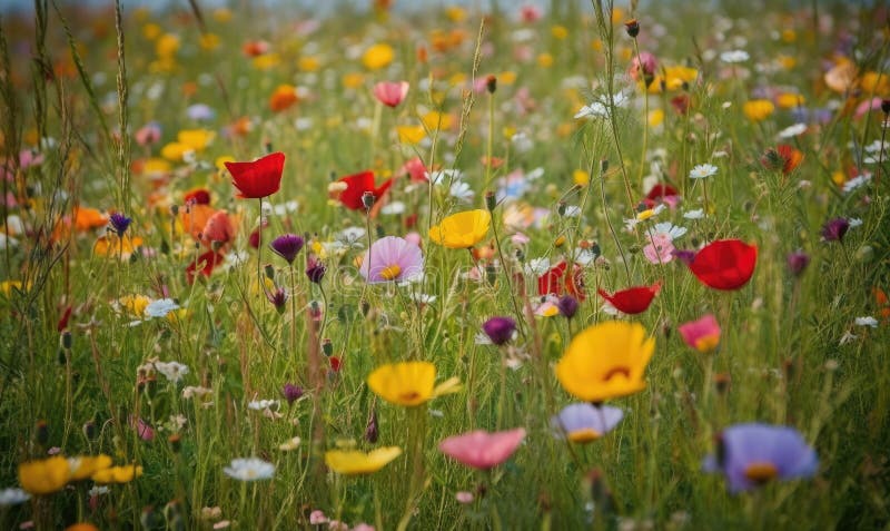 Spring Meadow Blooms with Riot of Colorful Flowers Creating Using ...