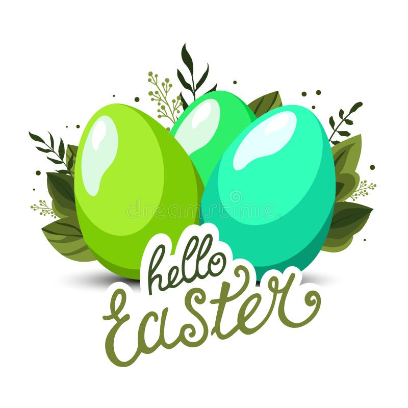 Spring Mint and Green Eggs with the Text Hello Easter and with Leaves. Vector Clipart for Design