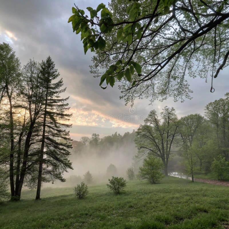 Spring Mist, trees are wet, damp fog of forest. A mysterious and peaceful spring mist scene in a damp forest, where the trees are wet with moisture, creating an atmospheric, mystical look