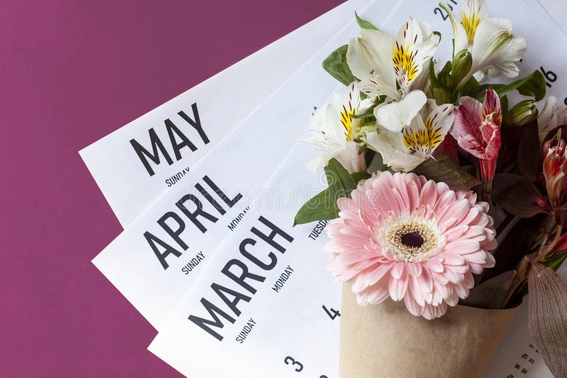 Spring Months Calendars with a Spring Flower Bouquet Stock Photo