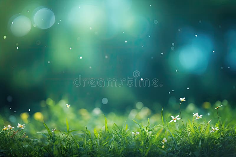 Spring Nature Background. Green Grass Flowers Field with Bokeh